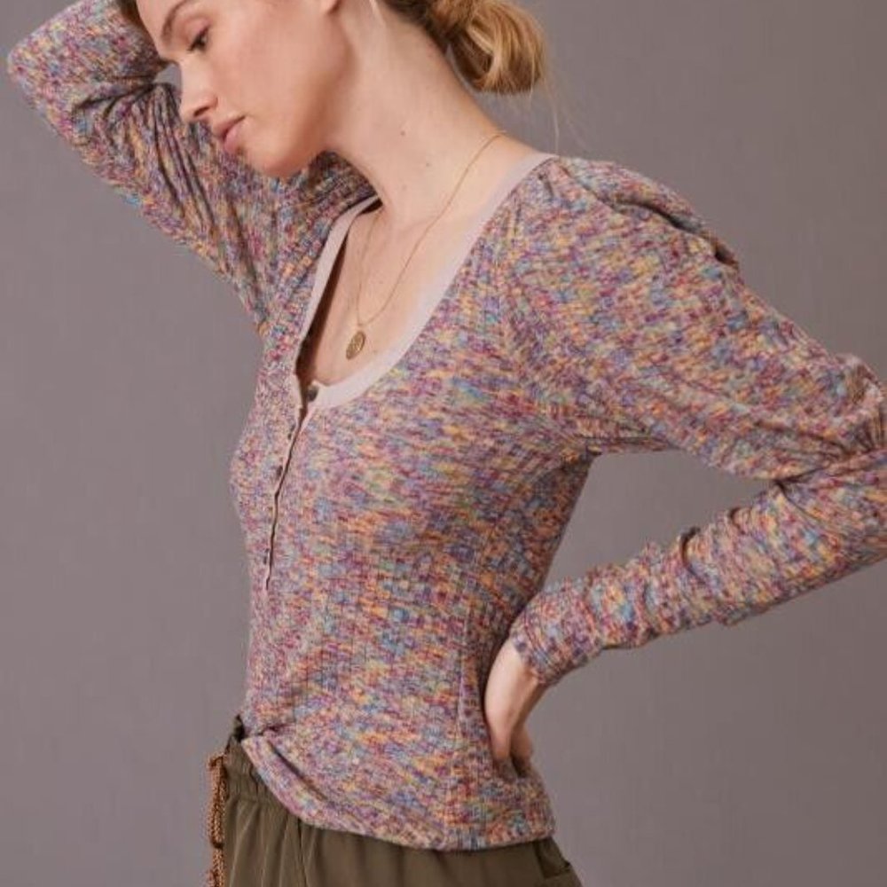 Anthropologie Puff-Sleeved Knit Henley Top Women S NWT Stretch Scoop Neck Purple - Picture 9 of 11